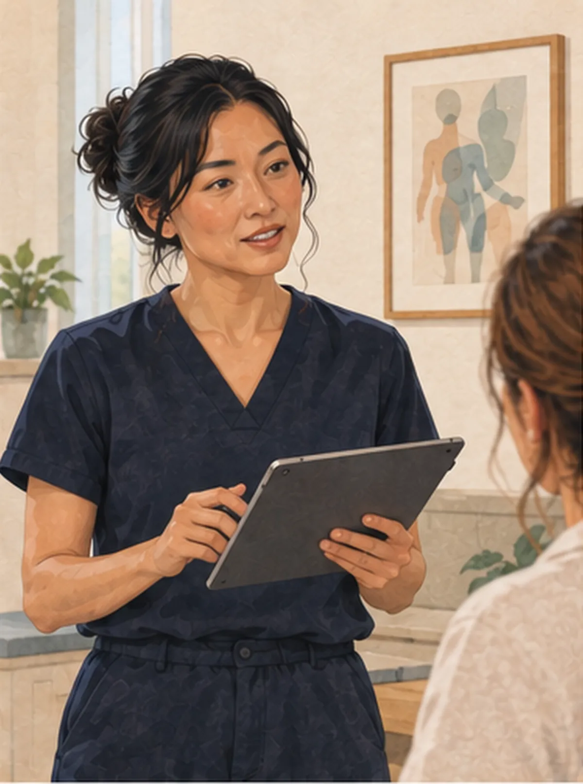 Illustration of a clinician in scrubs holding a tablet, talking with a seated patient in a consulting room.