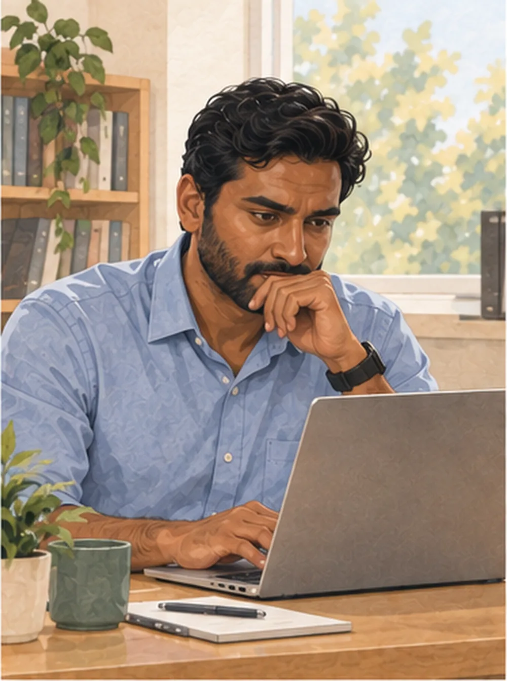 Illustration of a clinician resting his chin on one hand, looking down at something out of frame with a considering expression.