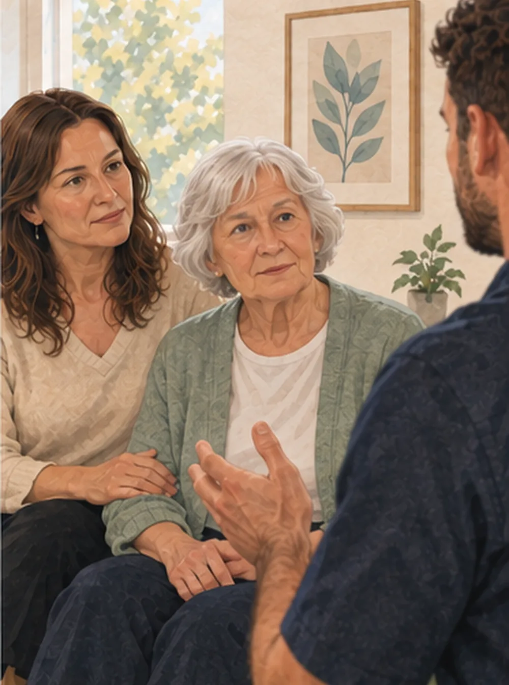 Illustration of an older woman and a younger woman sitting side by side in a consulting room, both looking towards a clinician whose back is to the viewer.