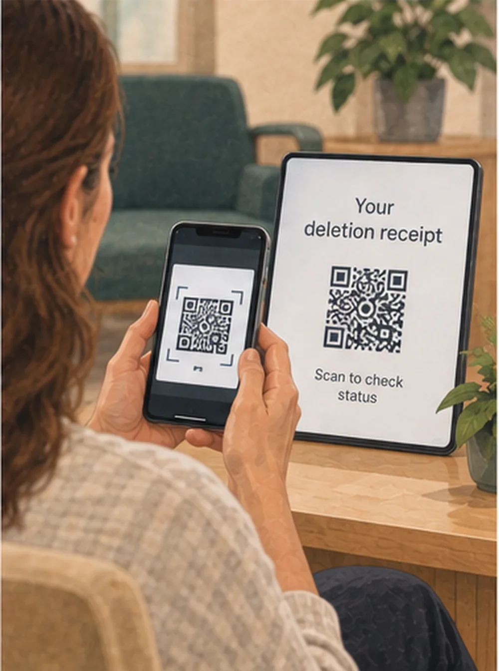 Illustration of a patient holding her phone up to a screen on a desk that reads “Your deletion receipt — scan to check status”, scanning the QR code shown on it.