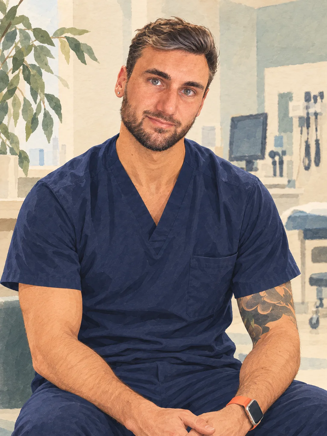Illustration of Dr Tyson K, the founder, in navy scrubs in a clinic room.