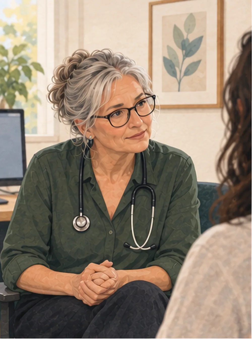 Illustration of a general practitioner sitting forward and listening to a patient in a consulting room.