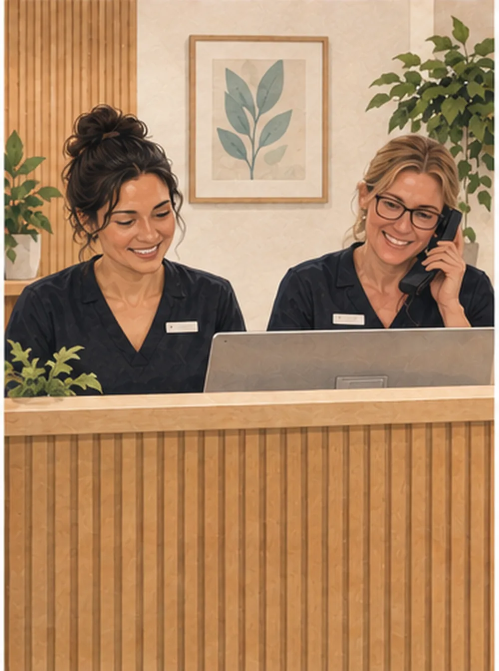 Illustration of two practice reception staff at a front desk, one answering the phone.