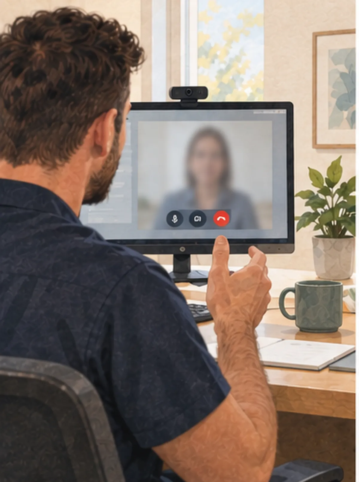 Illustration of a clinician at a desk on a video consultation, the patient visible on the monitor in front of him.