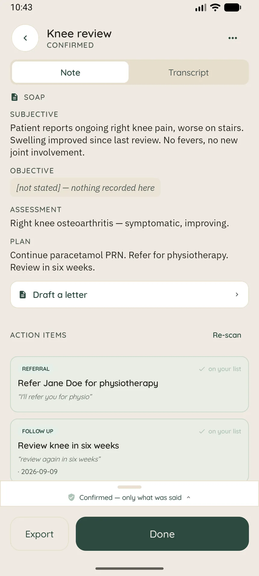 Akoua on Android showing a confirmed note with its action items, after the clinician has worked through the flags