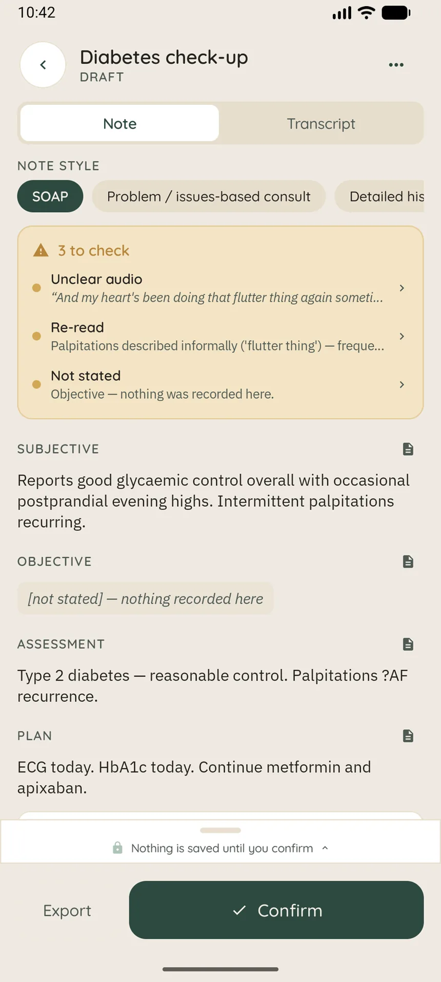 Akoua on Android showing a draft note with three things to check — unclear audio, a passage to re-read, and a section marked not stated
