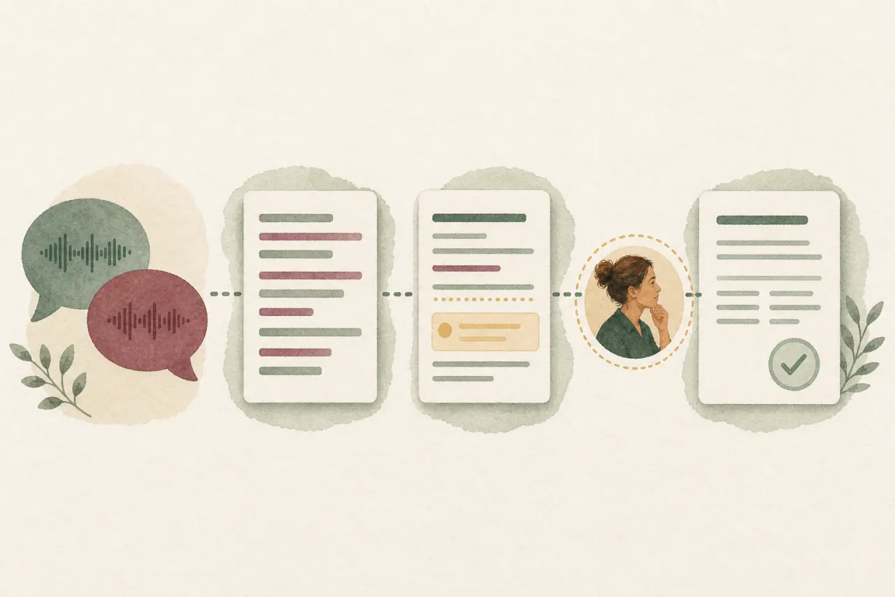 Four stages left to right: a consultation as two speech bubbles carrying audio waveforms; a transcript with each speaker's lines in a different colour; a draft note with one passage flagged in amber; and the finished note carrying a confirmation tick, with a clinician reviewing it in between.