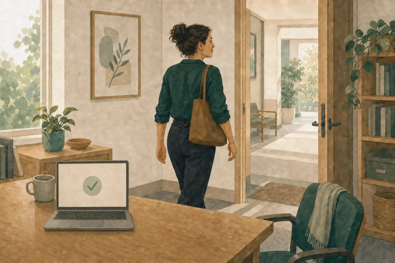 A clinician leaving the clinic after completing documentation, with a confirmed note shown on an open laptop.