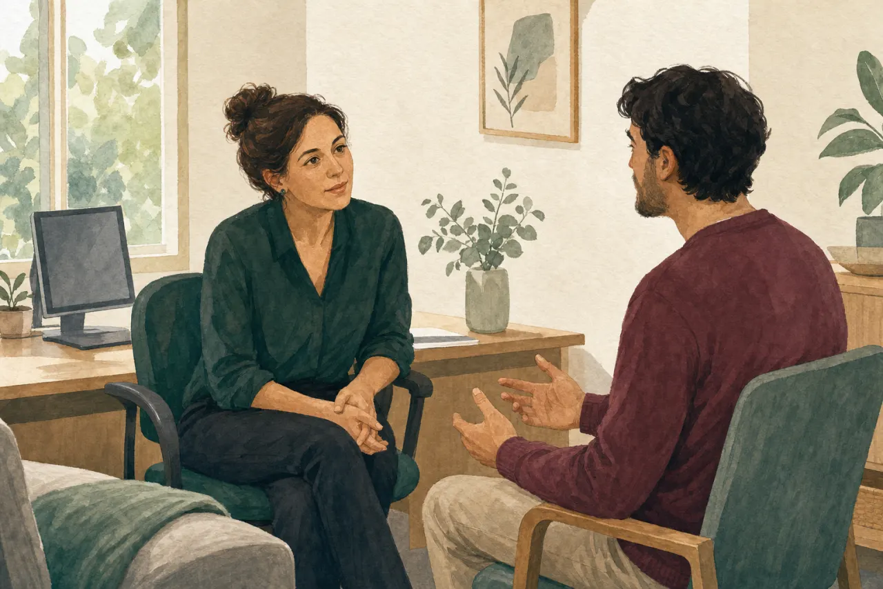 A clinician sitting with a patient in a consulting room, listening to him with her hands folded, the computer on the desk behind her unused.
