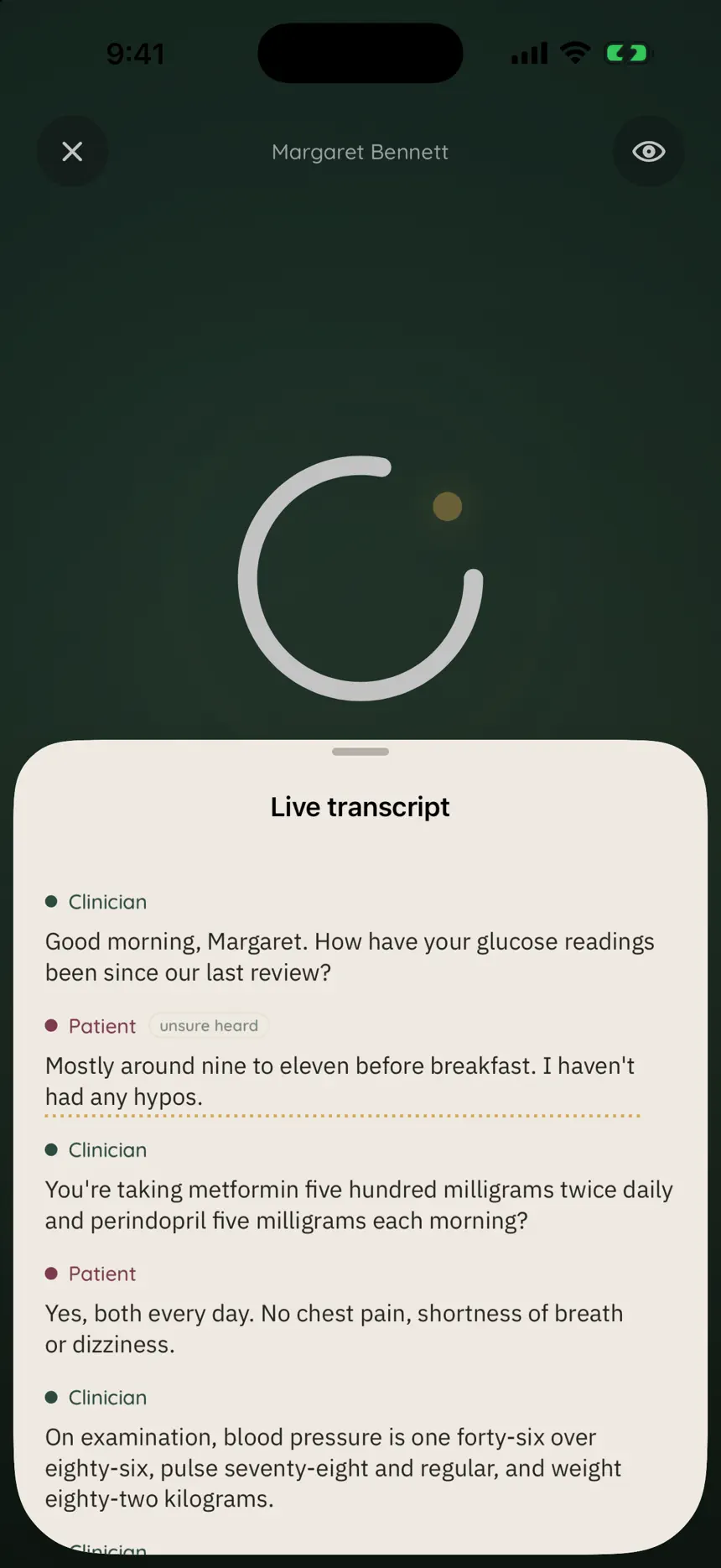 Akoua on iPhone showing the near-live transcript, with the clinician's and patient's words kept clearly apart