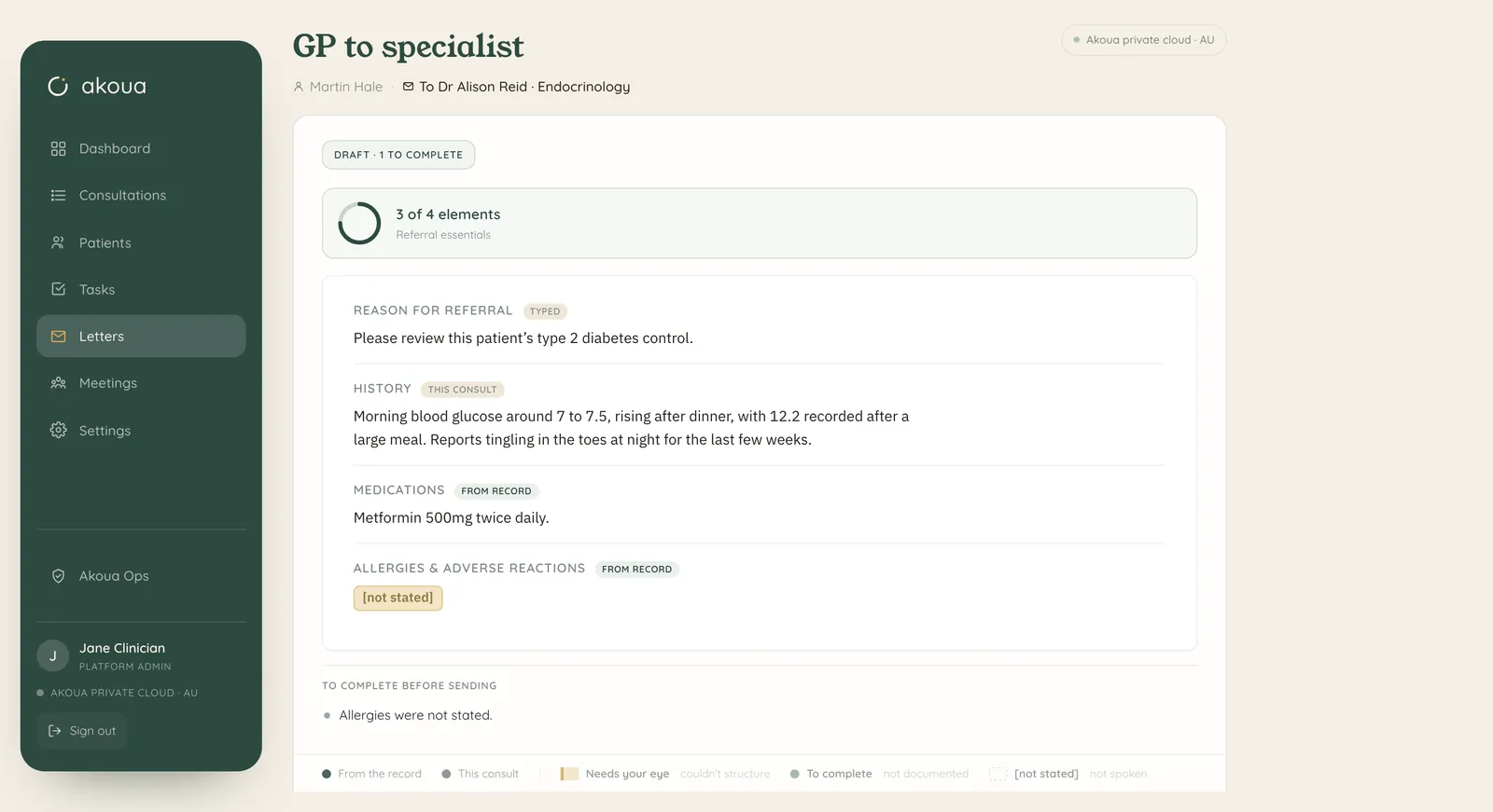 Akoua for Windows drafting a GP-to-specialist referral, each element labelled with whether it came from this consult or from the record