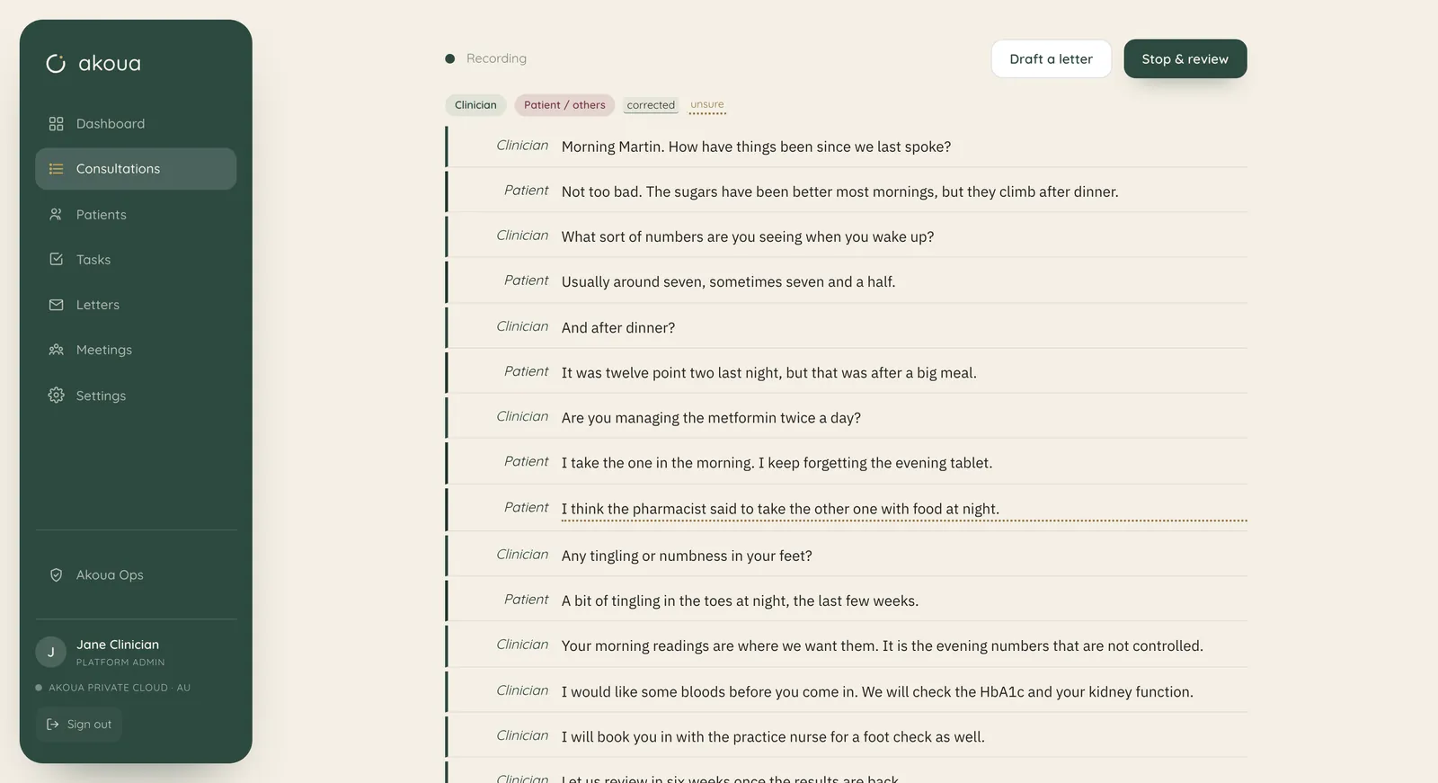 Akoua for Windows during a consult: the near-live transcript with each turn attributed to clinician or patient